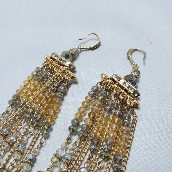 Ali Khan champagne clear ripple long fringe glass bead earring - Picture 6 of 6